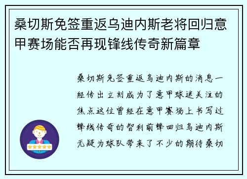 桑切斯免签重返乌迪内斯老将回归意甲赛场能否再现锋线传奇新篇章